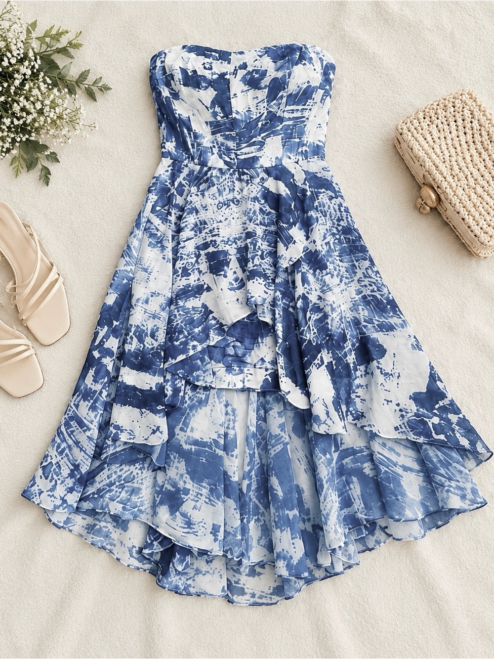 Strapless High Low Dress Blue White 6 French Connection Autumn Wedding Guest